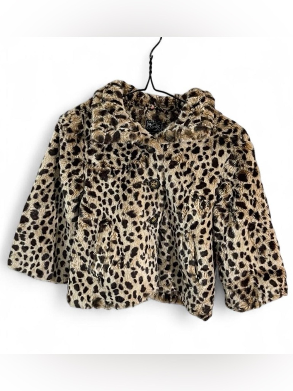 Vintage Y2K Lucky Brand Faux Fur Leopard Animal Print Coat Girls brown